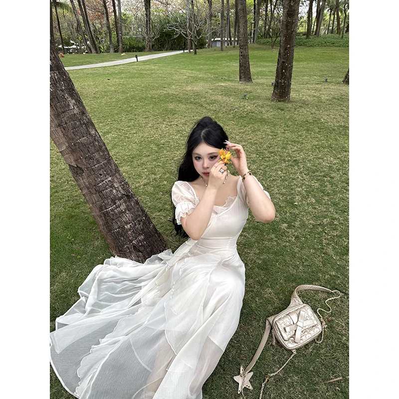 黑泽玄七 "仙絮梨楹"夏季显瘦双层不透约会珍珠纱不规则荷叶长裙
