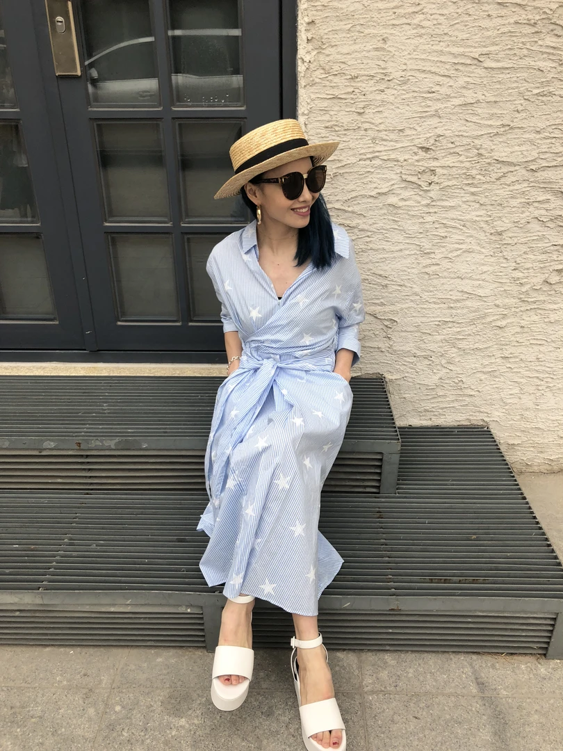 棉质条纹不对称设计衬衫裙