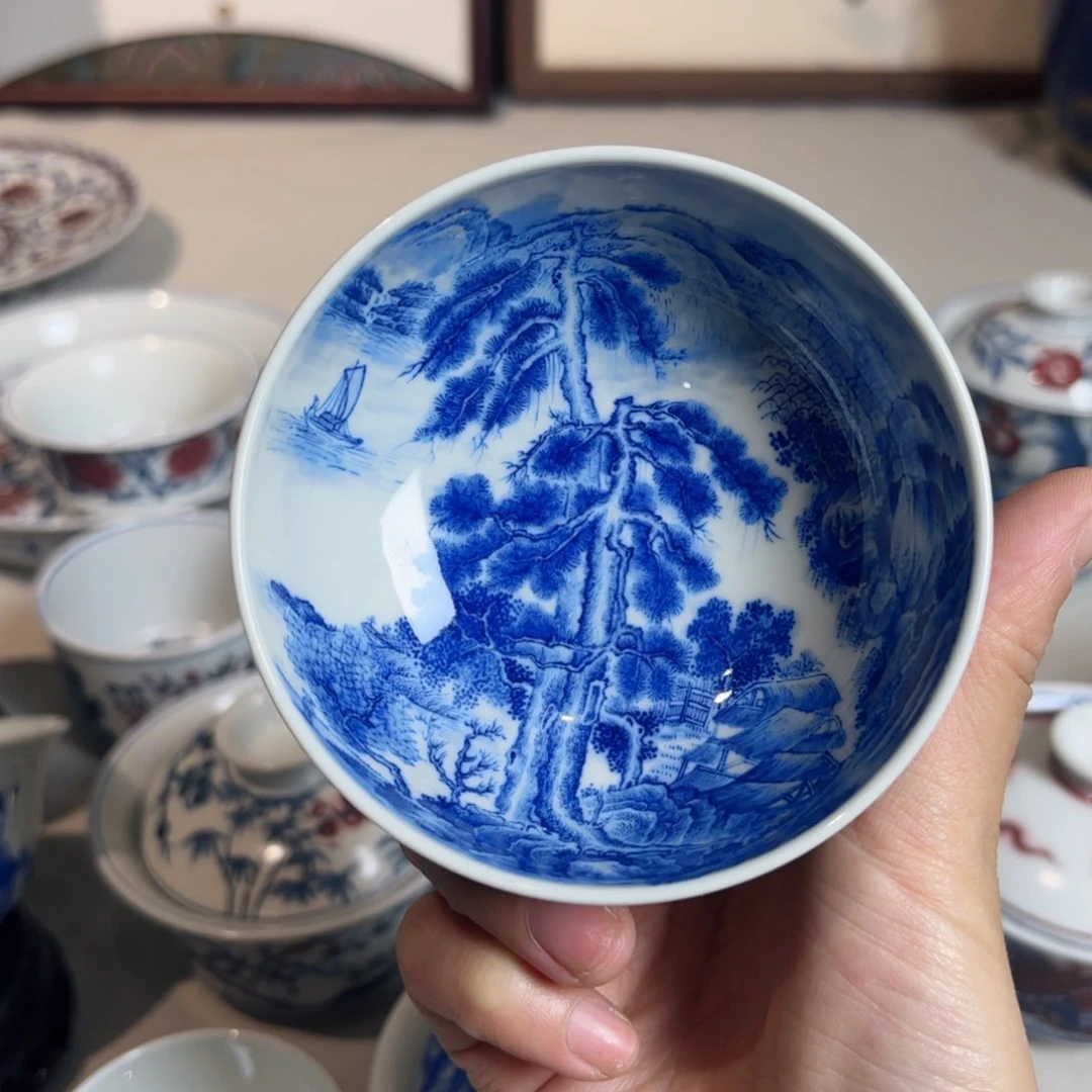 青花山水 内外满绘