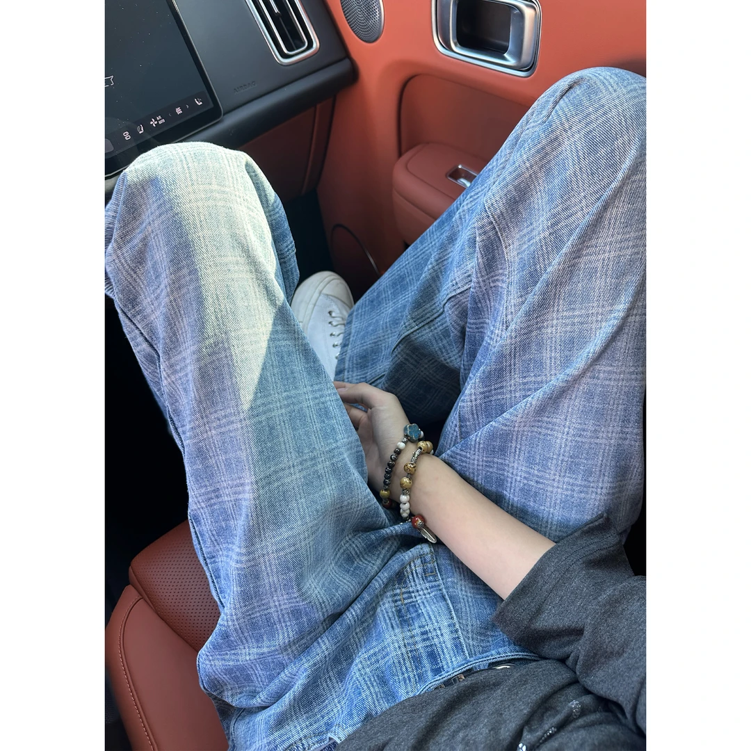 美式复古格子牛仔裤男款秋冬痞帅高级感裤子cleanfit宽松直筒裤潮