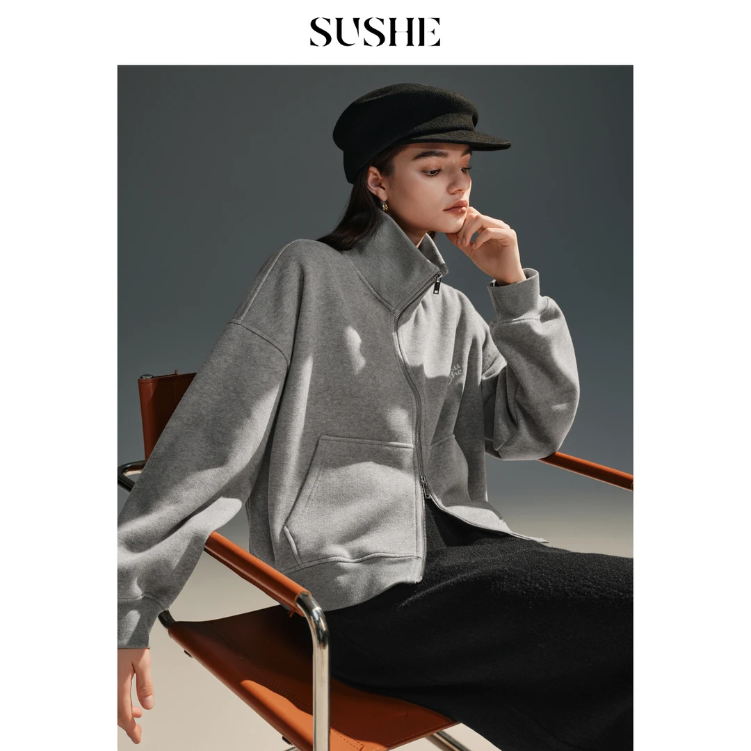 束皙SUSHE 驰云 慵懒松弛 舒适无勒感立领宽松短款卫衣女款外套冬