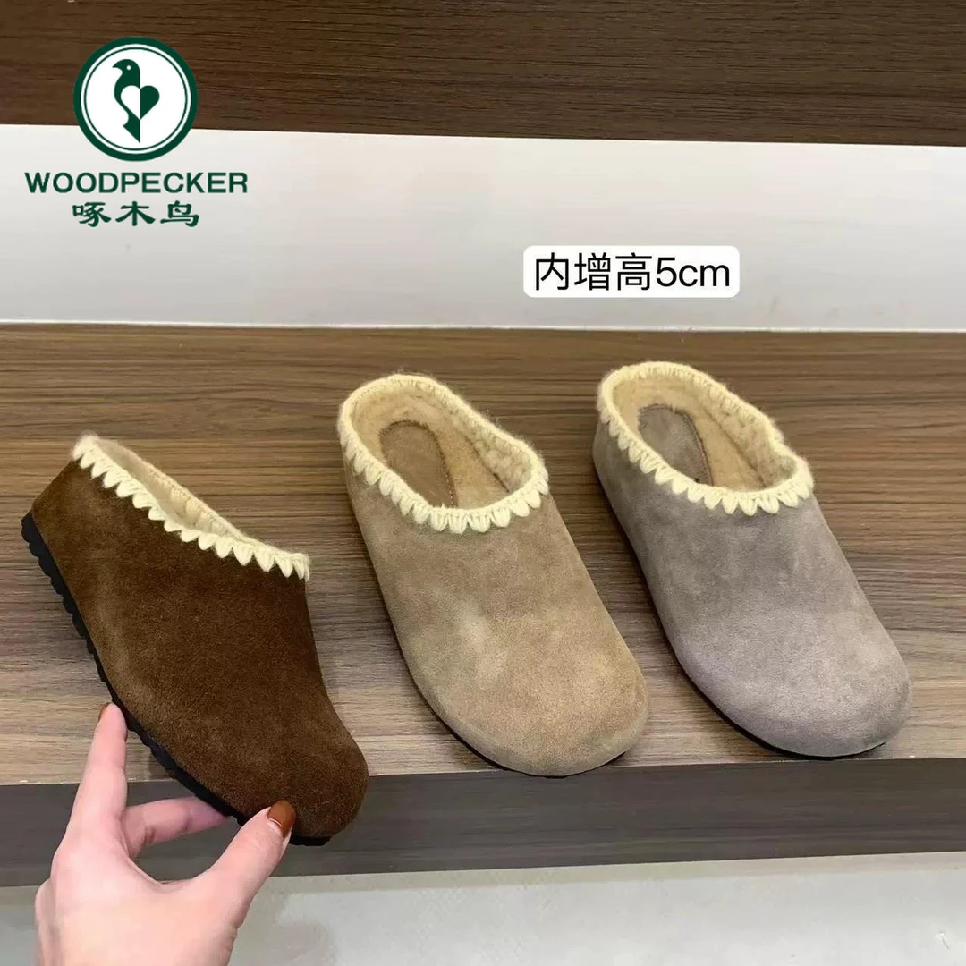啄木鸟2025年内增高小个子加绒勃肯鞋秋冬季毛毛雪地棉拖鞋女鞋子