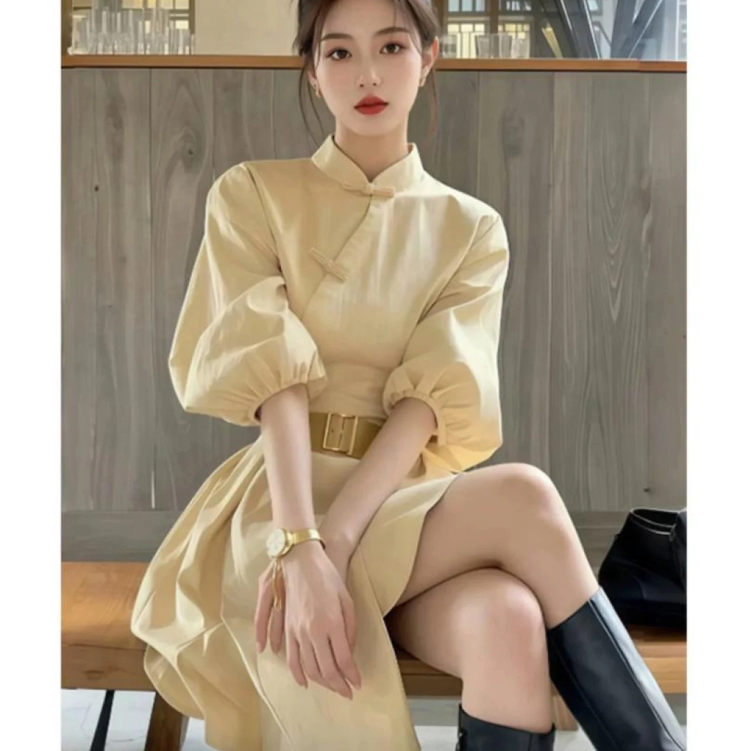 新中式盘扣立领衬衫连衣裙女收腰显瘦短裙2025春季新款高级感女装