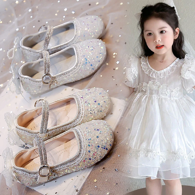 女童水钻亮片水晶公主鞋2025年夏秋新款网纱珍珠蝴蝶结纯色演出鞋