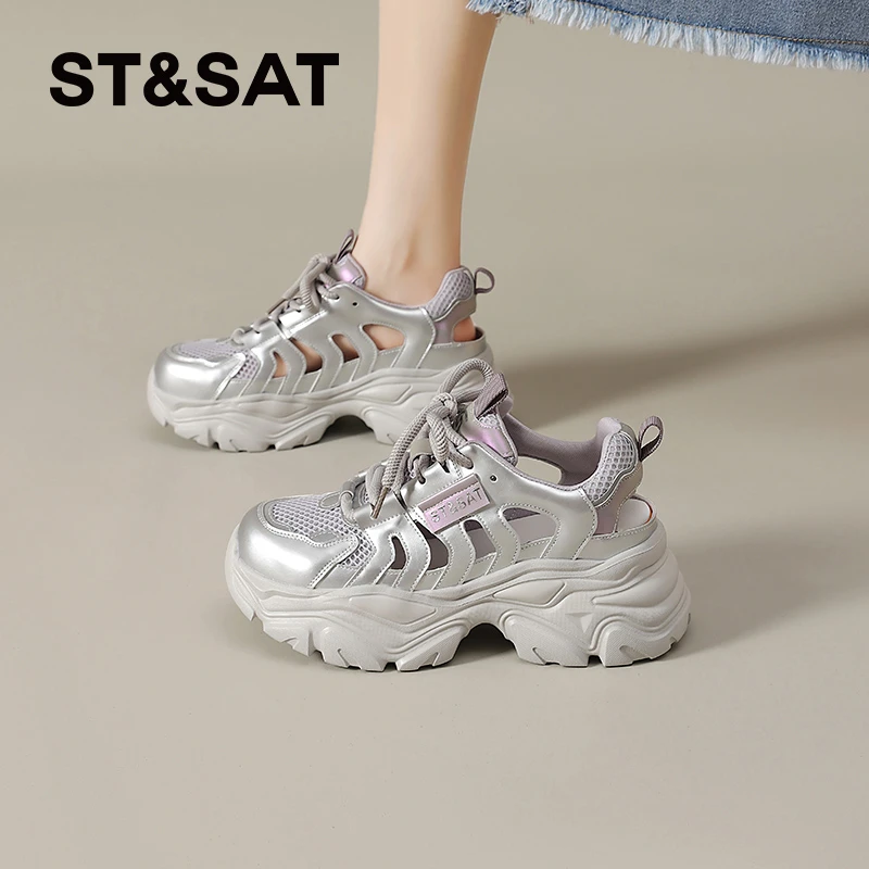 星期六休闲镂空凉鞋女士2025新款夏季洞洞鞋老爹鞋时尚小个子女鞋