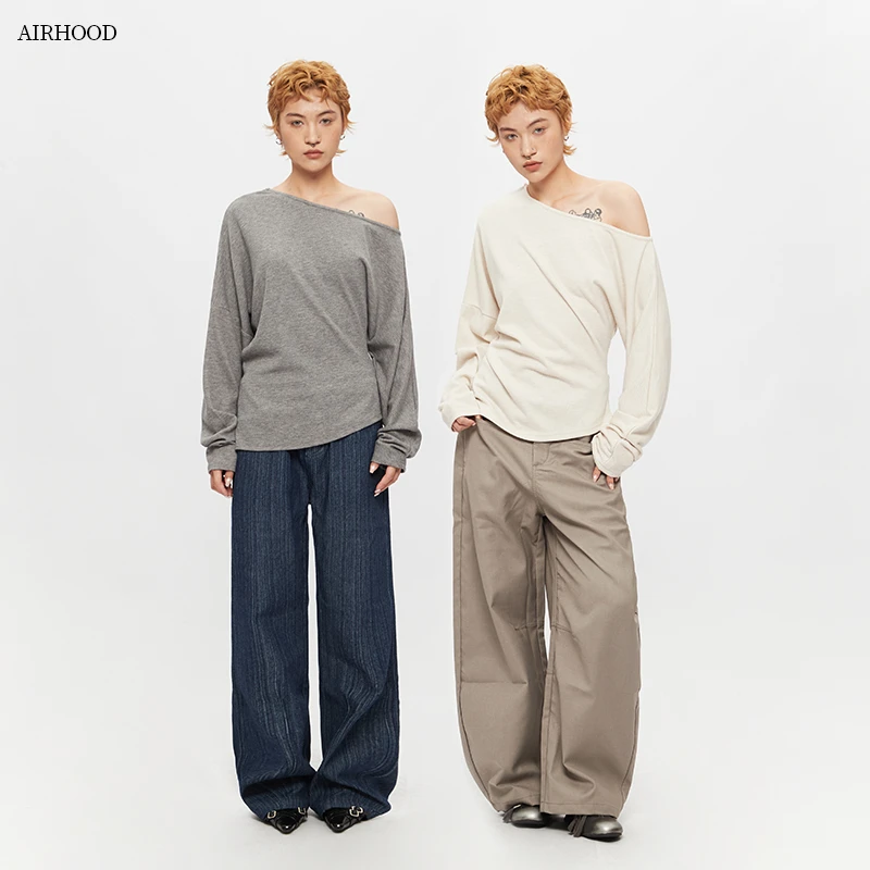AIRHOOD 斜领露肩性感长袖T恤女秋季新款宽松慵懒风辣妹上衣C5408