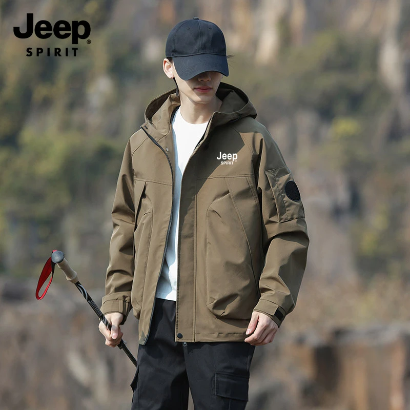 JEEP SPIRIT吉普2025春季中青年连帽工装冲锋衣外套男士青年夹克