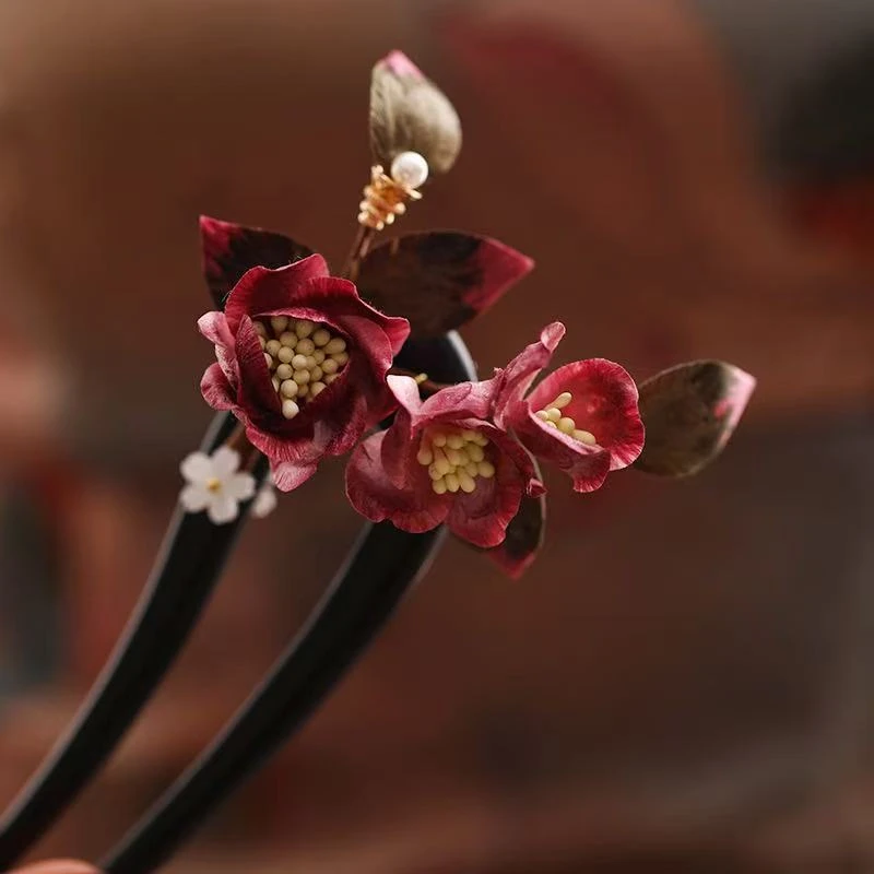 古风手工绒花檀木发簪国风发钗新中式发饰盘发簪汉服配饰绒花发饰