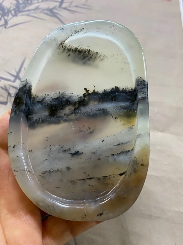 天然岫玉水墨丹青砚台 手工雕刻 规格10.3*8*1.4厘米