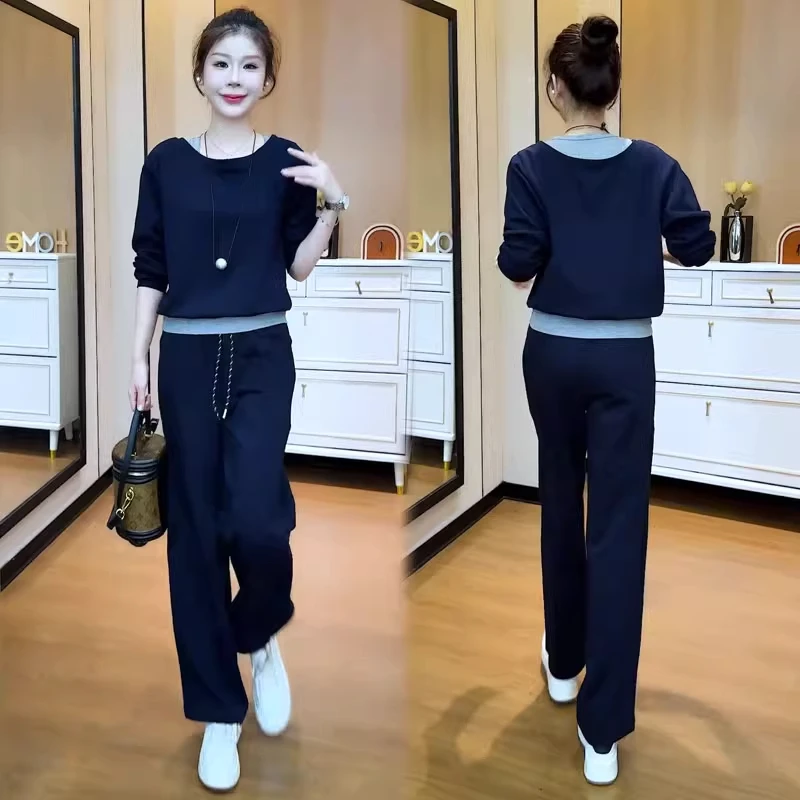 休闲时尚套装女秋季新款假两件洋气撞色卫衣高腰系带直筒裤两件套