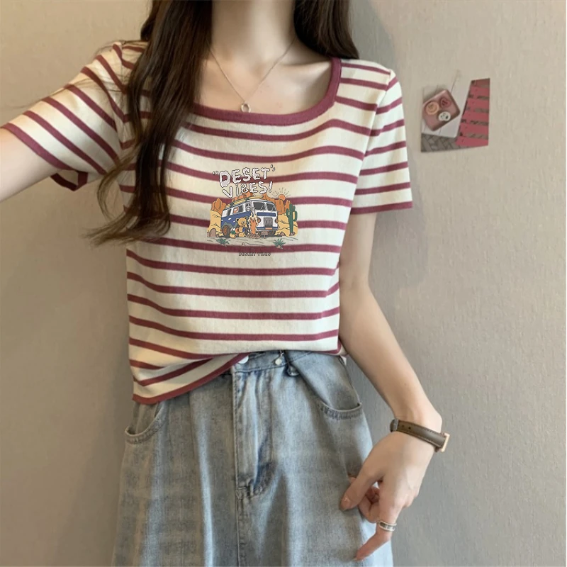 大码学生方领夏季半袖显瘦条纹短袖方领U领百搭宽松休闲ins