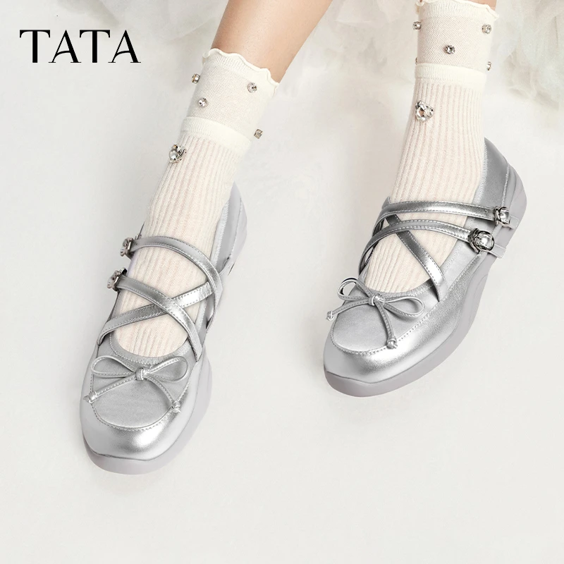 TATA他她秋新款甜酷银色玛丽珍女鞋优雅运动芭蕾舞鞋单鞋WT201CQ4