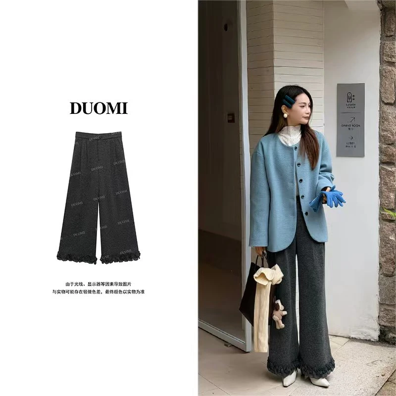 【DUOMI】冬季新款百搭时尚拼花边设计感休闲裤女裤D7995
