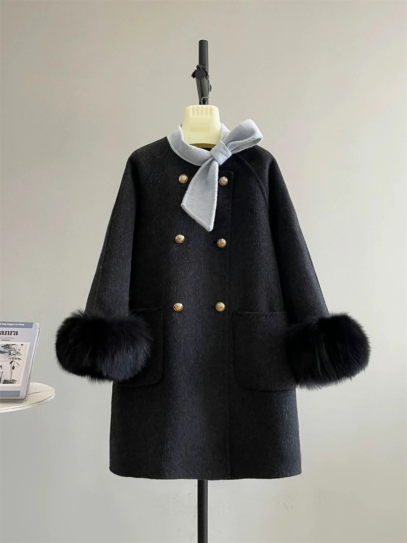 LEMON【蝴蝶结毛毛】羊毛大衣百搭气质网红黑色大衣女秋冬高级感