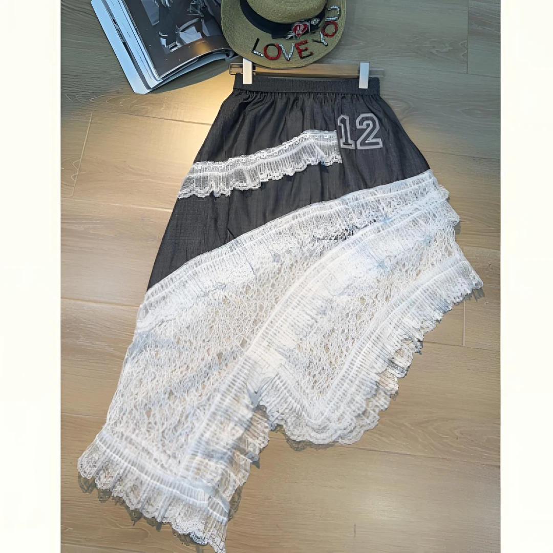 原创设计美式复古重工刺绣不规则时髦牛仔裙