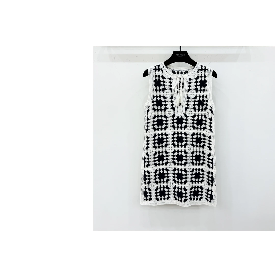 【西西高定】度假风V领系带黑白拼色无袖连衣裙