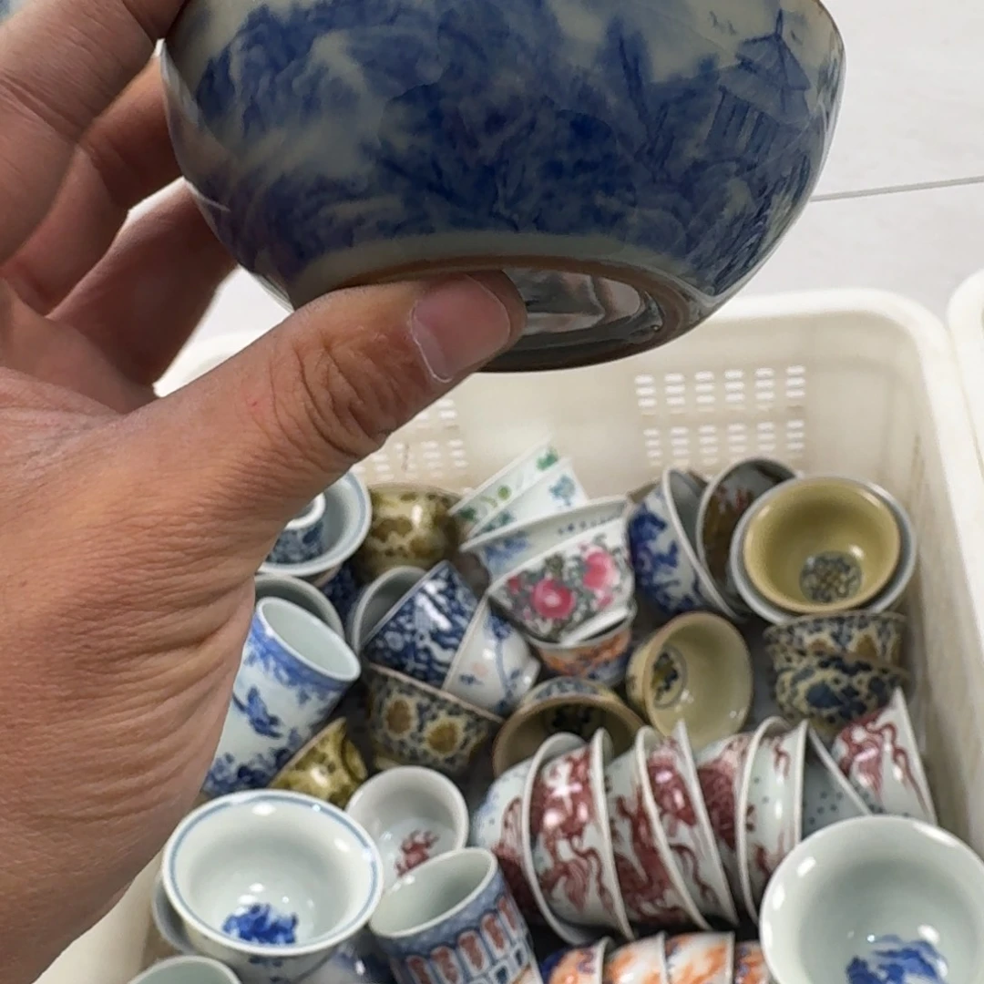 摆件老陶泥青花山水普洱杯