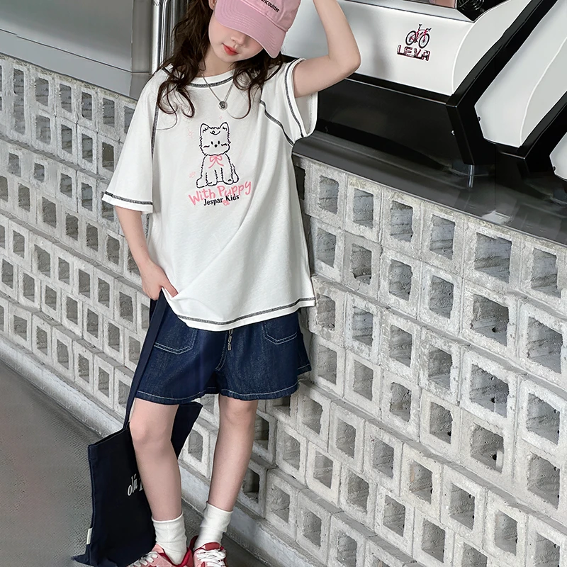 女童夏款短袖T恤两件套2025新款女大童韩版宽松半袖牛仔短裤套装