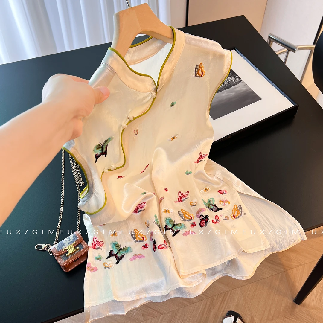 高级感盘扣立领改良旗袍国风衬衫女夏季新款中式刺绣气质坎肩上衣