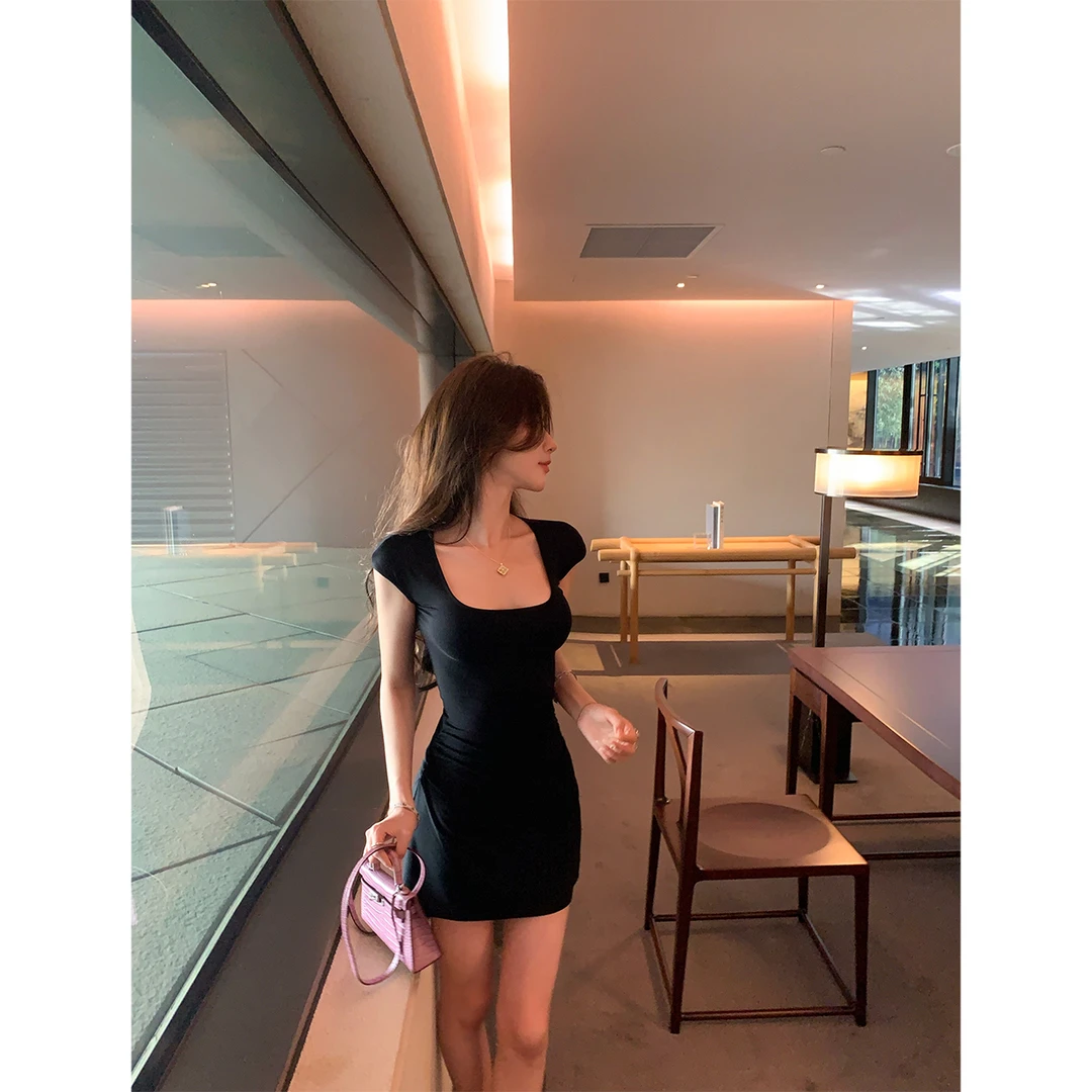 ACHI大也池◆云锦~大方领小飞袖t恤连衣裙女