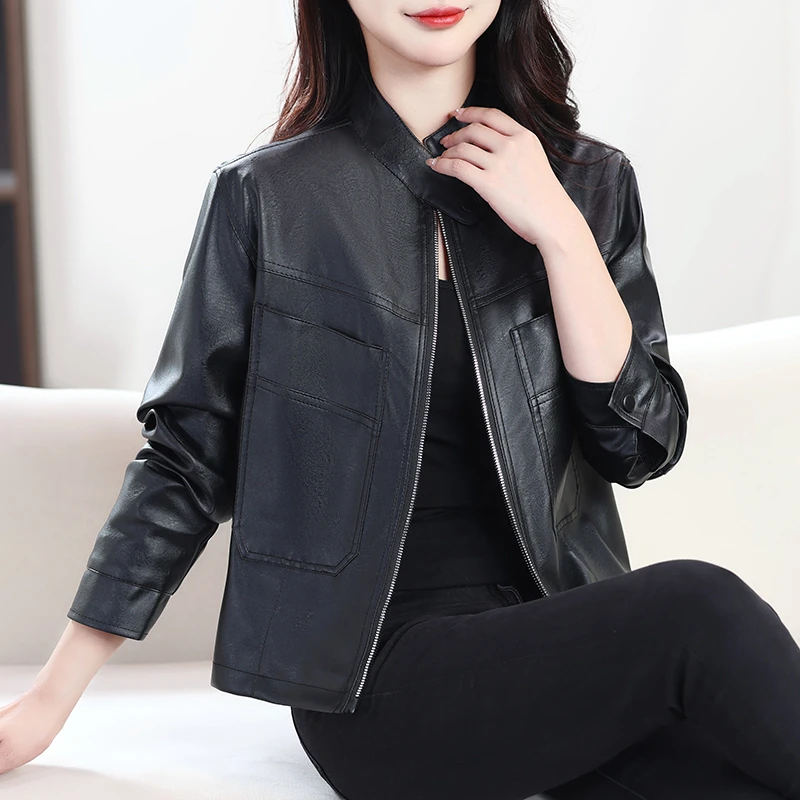 海宁立领端雅女装款韩版时尚气质女士皮衣外套
