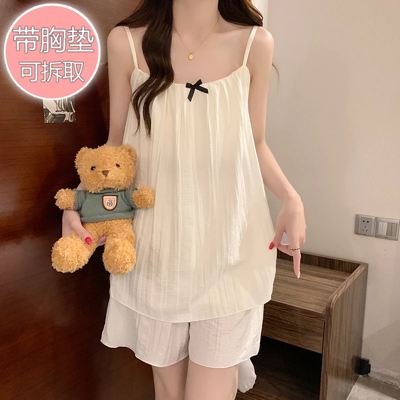 韩版带胸垫睡衣女套装夏季春夏天少女薄款大码宽松无袖家居服套装