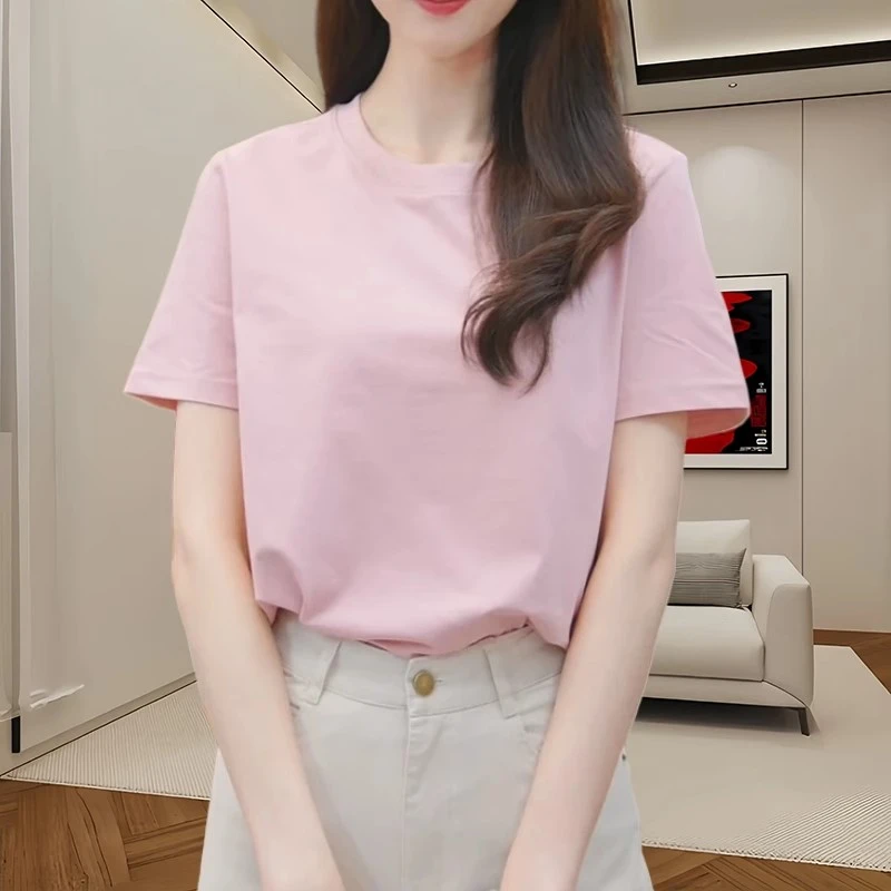 简约正肩短袖T恤半袖女初春温柔简约小衫显瘦精致新款上衣小个子