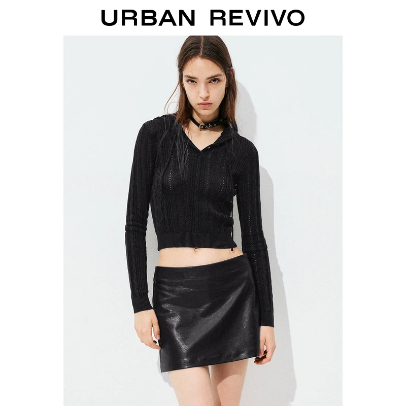 UR2025秋季新款女装休闲镂空肌理连帽针织衫UYV950055+