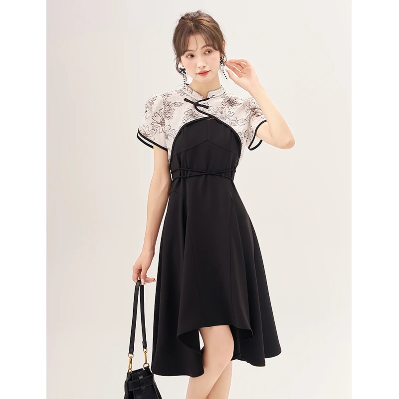 【粉丝专享】谜秀黑色吊带连衣裙复古新中式两件套装MXC38T0126