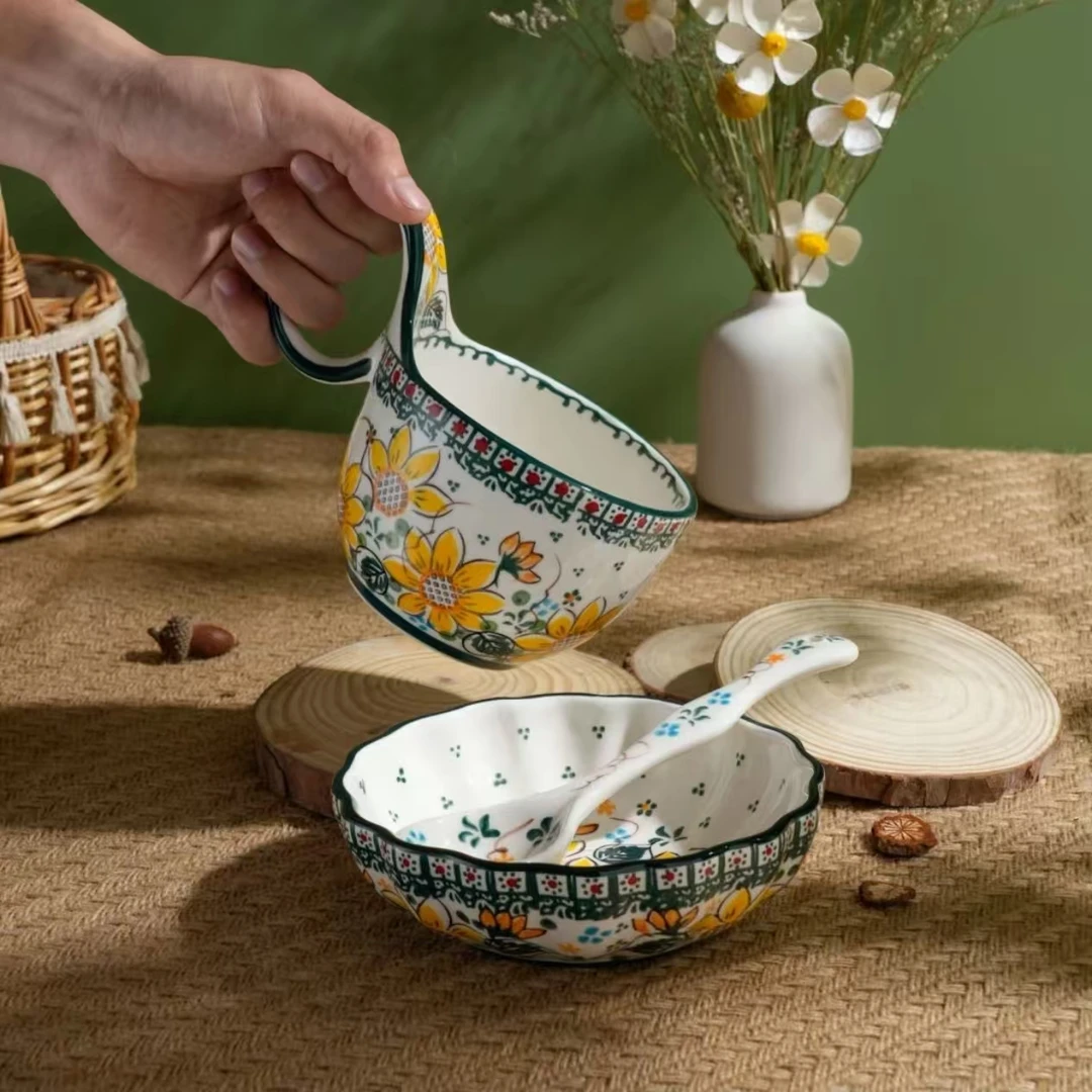 【初下厨】手绘阳春白柳-450ML曲把杯家用餐具三件套礼盒装