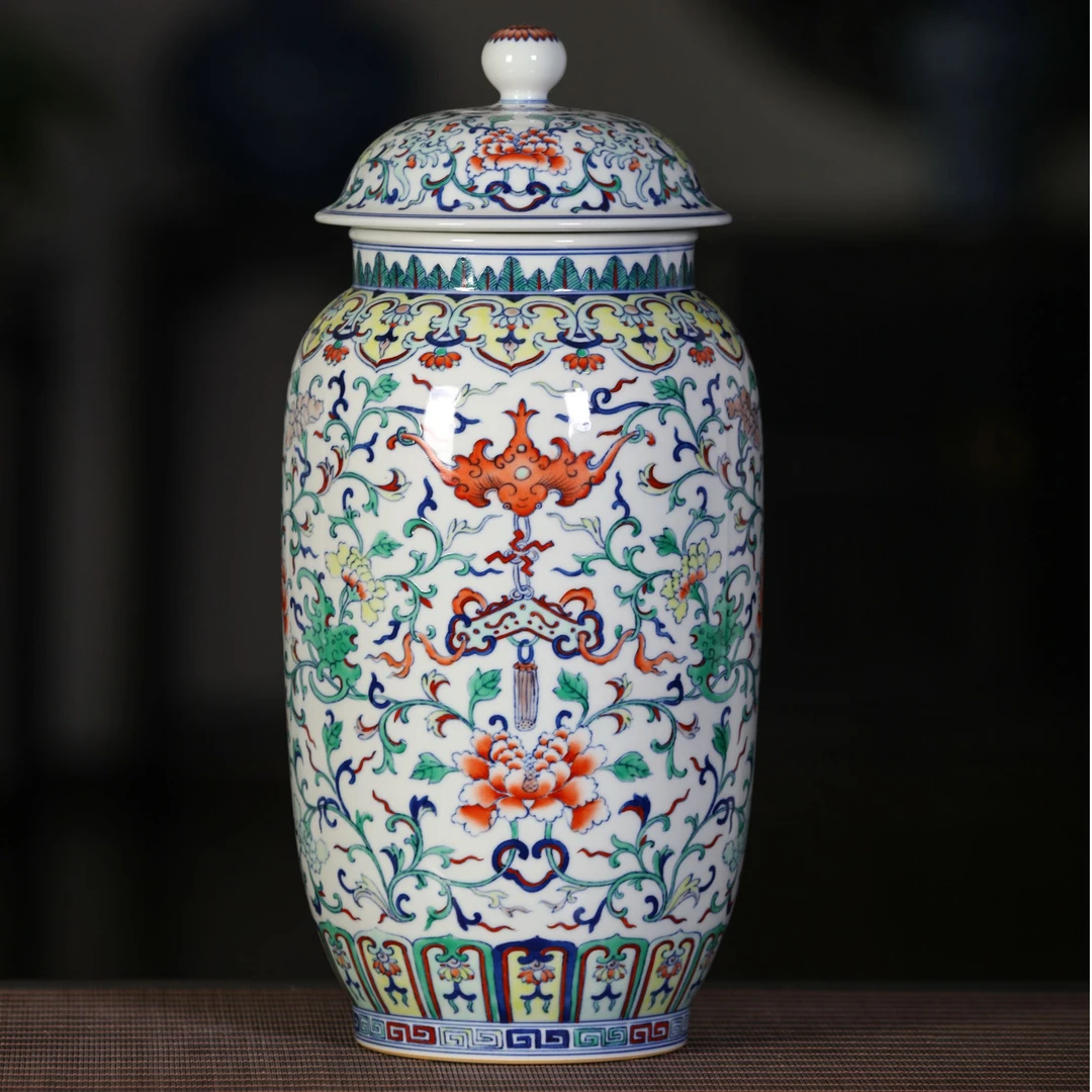 珽珽茶器【涂杏花】斗彩缠枝花卉蝠纹状元罐 高37cm 瓷器茶周边