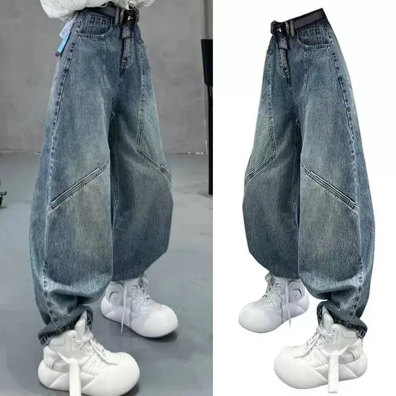 美式复古高腰弯刀牛仔裤女秋冬季新款高街设计感宽松垂感阔腿裤子