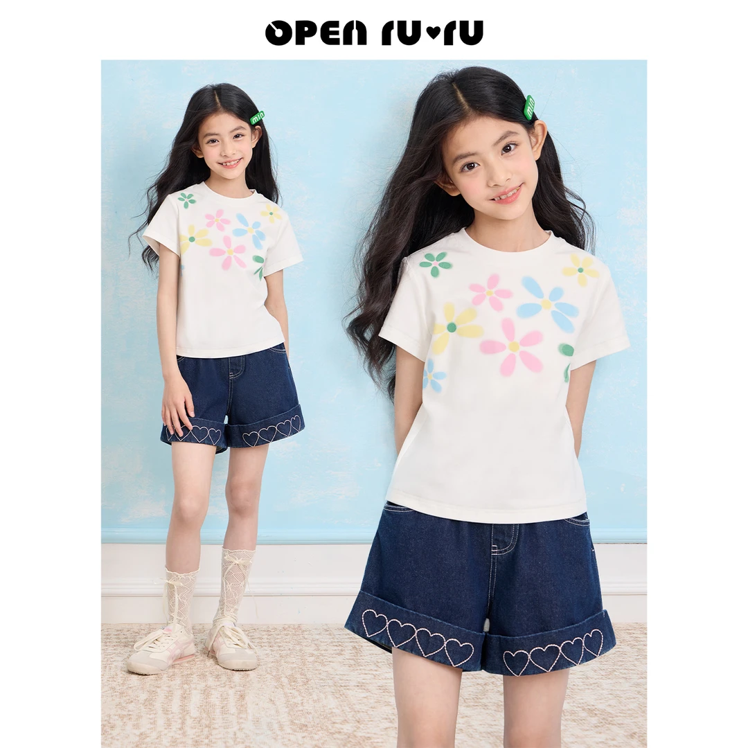 Opennunu女童彩色花朵印花短袖T恤夏季中大童设计感短款正肩上衣