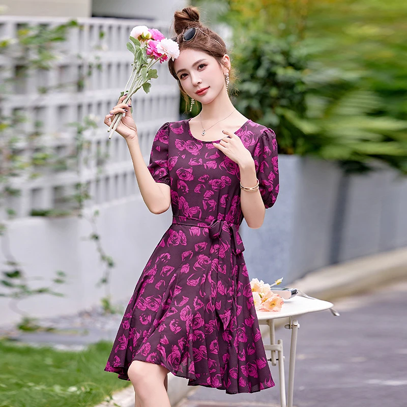 赛奕法式夏季通勤风碎花印花连衣裙显瘦复古气质可露丽风收腰裙子