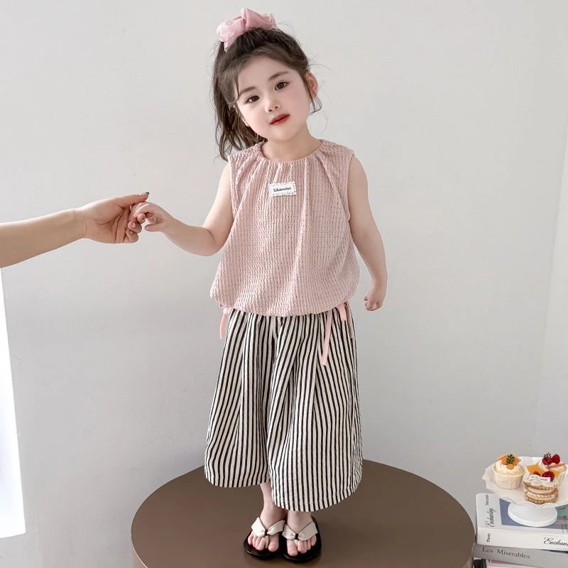 女童夏季背心套装洋气儿童无袖衣服2025新款宝宝时髦条纹阔腿长裤