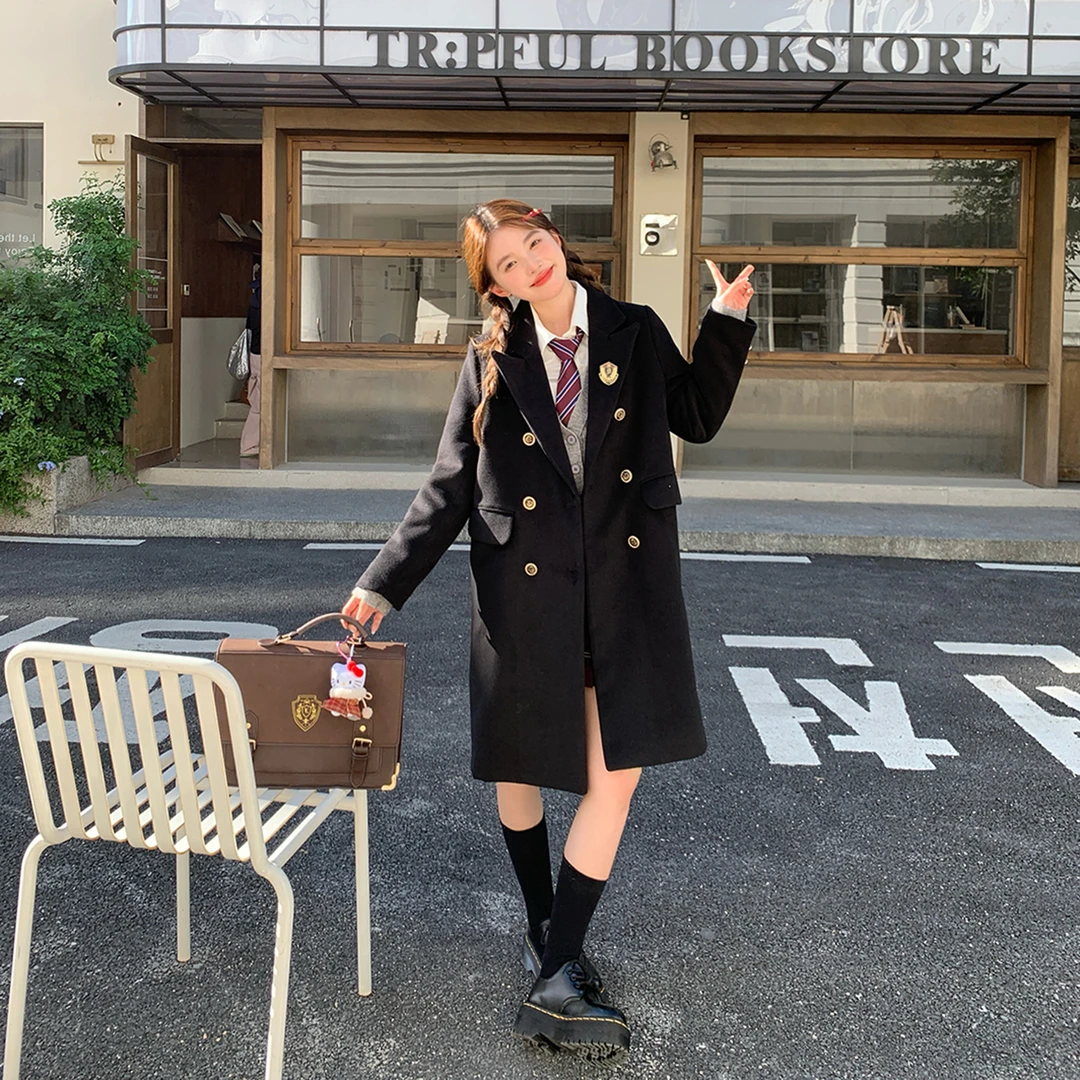 东京岁时记jk制服双排扣黑色中长款秋冬季学院风外套首尔之秋大衣