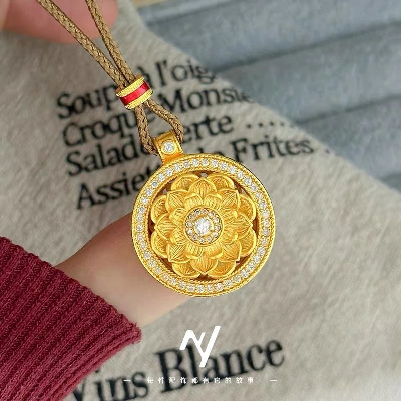 合金项链 莲花时来运转八宝罗盘吊坠链子旋转气质古法黄金色饰品