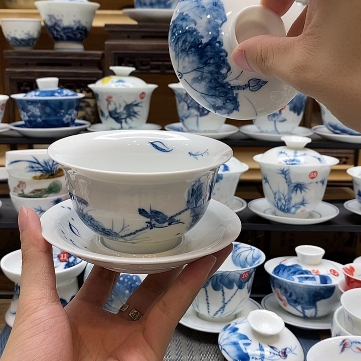 手绘枯美之荷180盖碗釉下彩高温瓷微瑕福利款