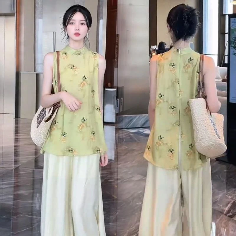 新中式通勤无袖衬衫女夏季薄款国风印花显瘦上衣宽松阔腿裤两件套
