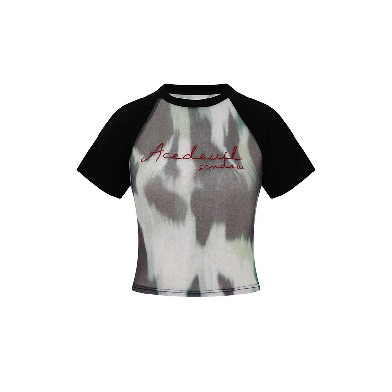 美式复古做旧潮酷风字母刺绣插肩袖短款修身辣妹风短袖t恤少女短T