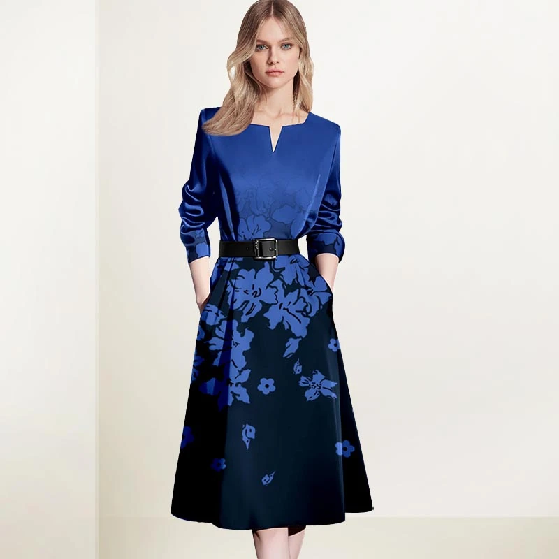 QOOEL高级感气质女神范连衣裙女2025年秋装新款V领优雅印花中长裙