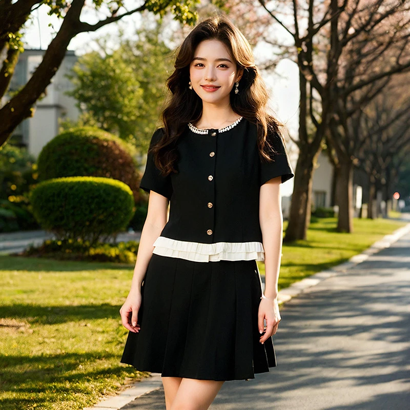 奢姿大码女装2025夏季气质木耳边拼接百褶两件套胖妹妹时尚套装