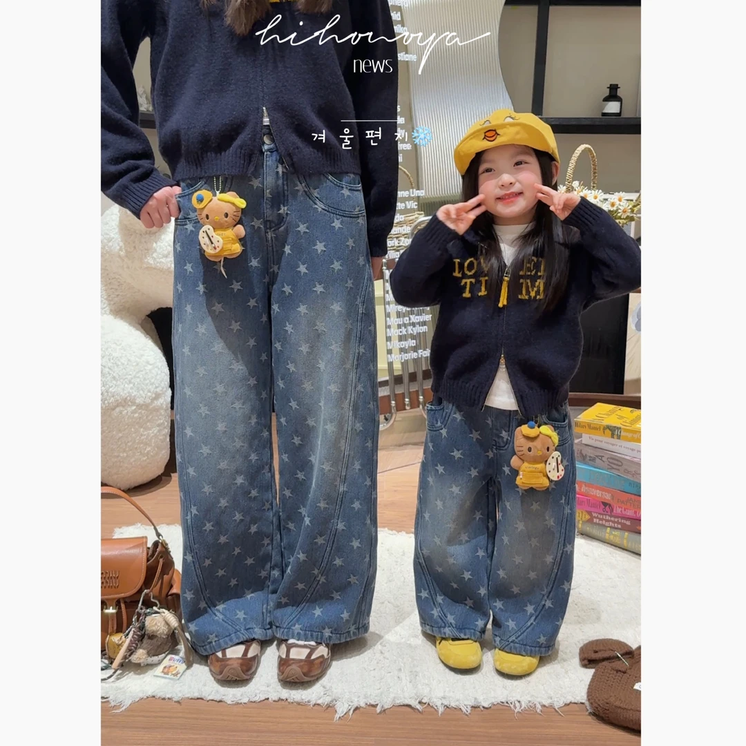 【潮汐星星】十Hihoniya~2025秋冬亲子星星印花休闲加绒牛仔裤
