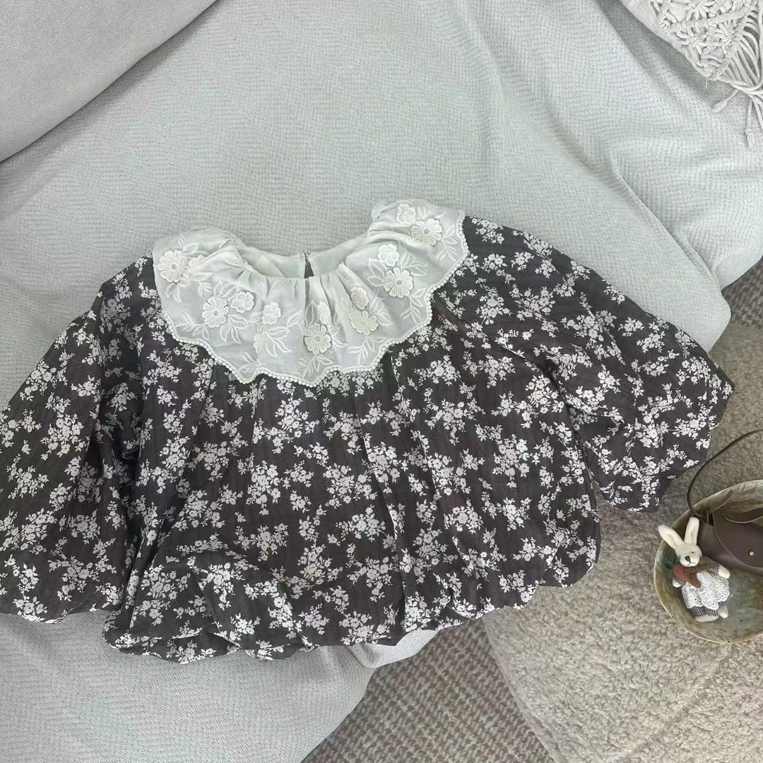 〖姐姐家〗2025春款儿童萌娃穿搭森系刺绣大翻领花苞娃娃衫 bt099