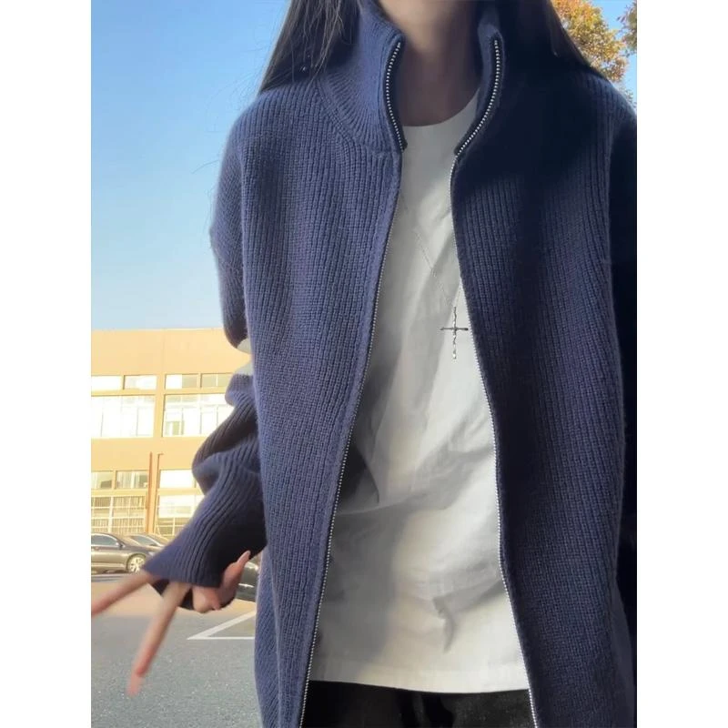 蓝色三条杠撞色开衫外套男秋冬高级感针织毛衣拉链立领休闲夹克衫