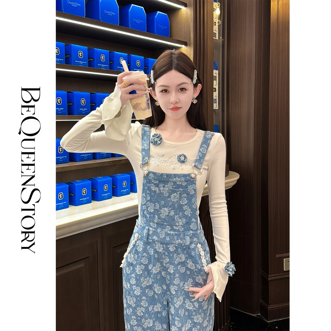 余潇潇【海盐山茶】精致减龄莱赛尔莫代尔圆领小喇叭袖长袖烫钻上衣