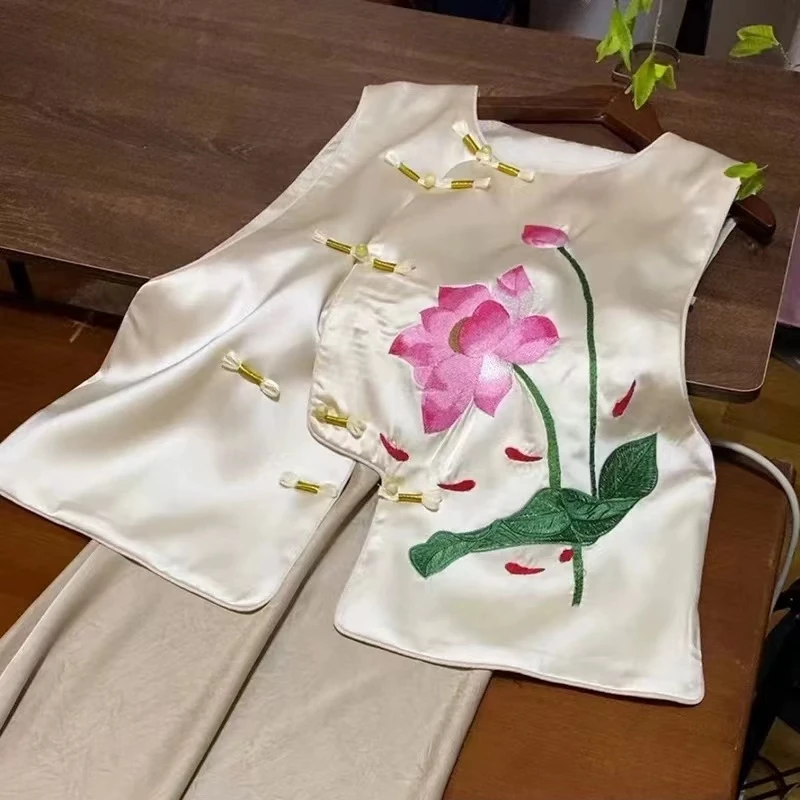 261【荷颖】高级感国潮风荷花刺绣马甲女秋季新款中式斜襟盘扣坎肩