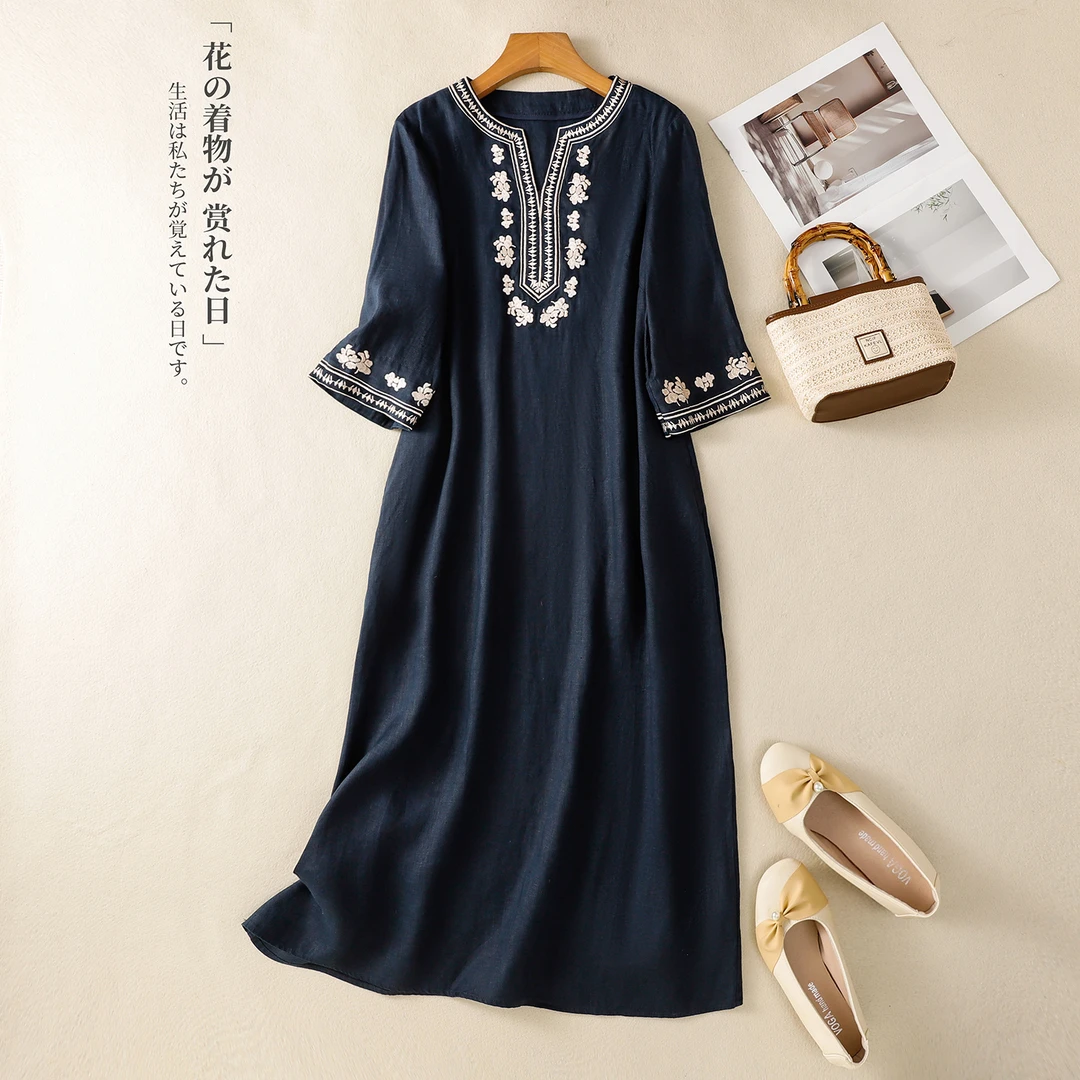 2025夏季时尚新款复古洋气长裙中式国风刺绣亚麻宽松中长款连衣裙