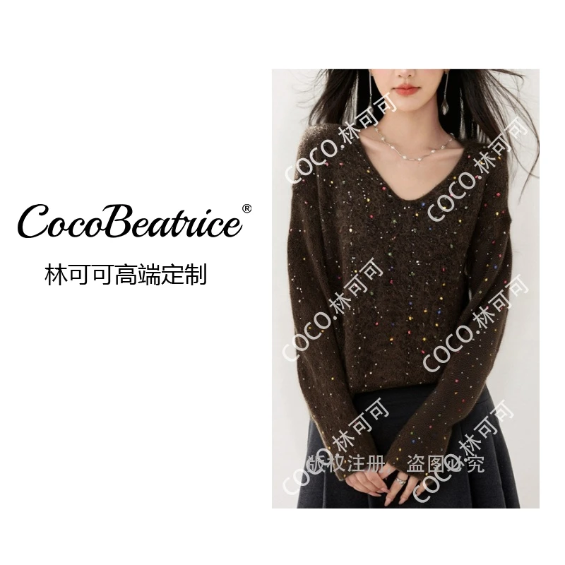 【COCO林可可】羊毛v领重工细闪亮片毛衣女洋气时髦百搭宽松针织衫