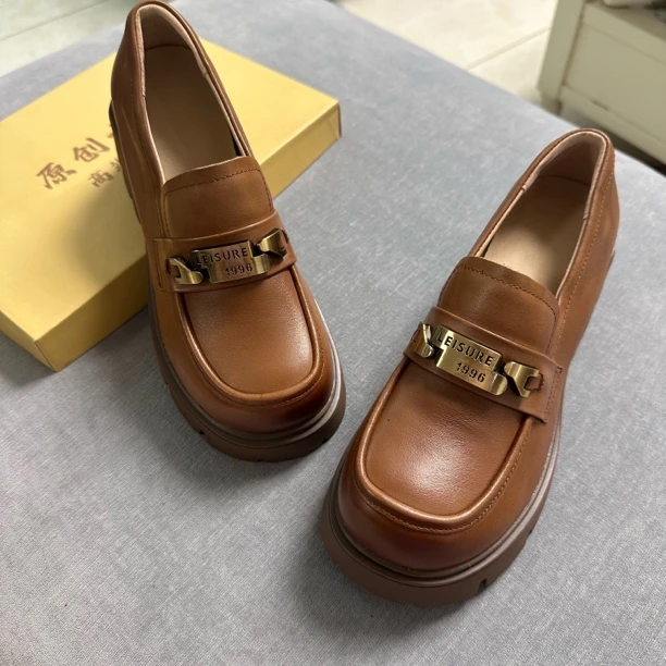 春季乐福鞋高跟舒适粗跟女士圆头单鞋休闲复古松糕底小皮鞋